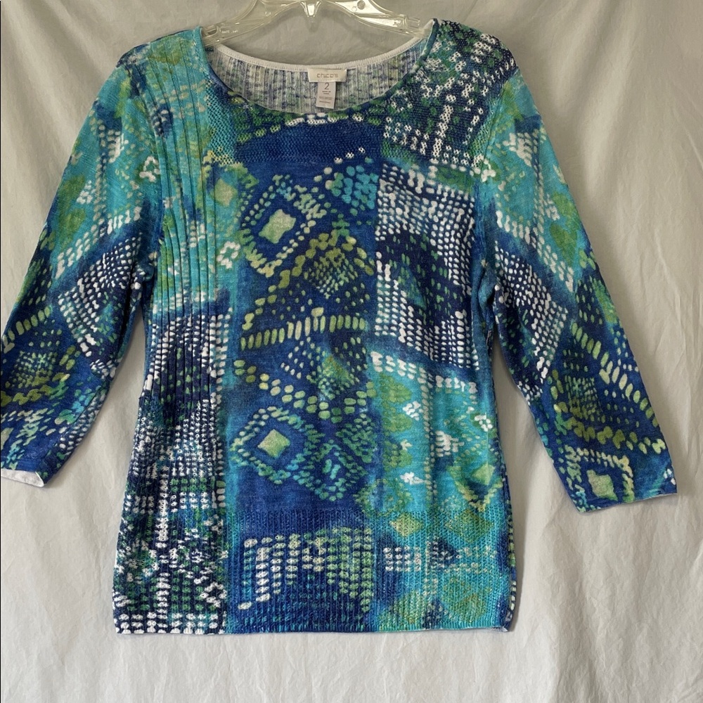 Chico's Blue Green Abstract Print 3/4 Sleeve Cotton Rayon Blend Size 2